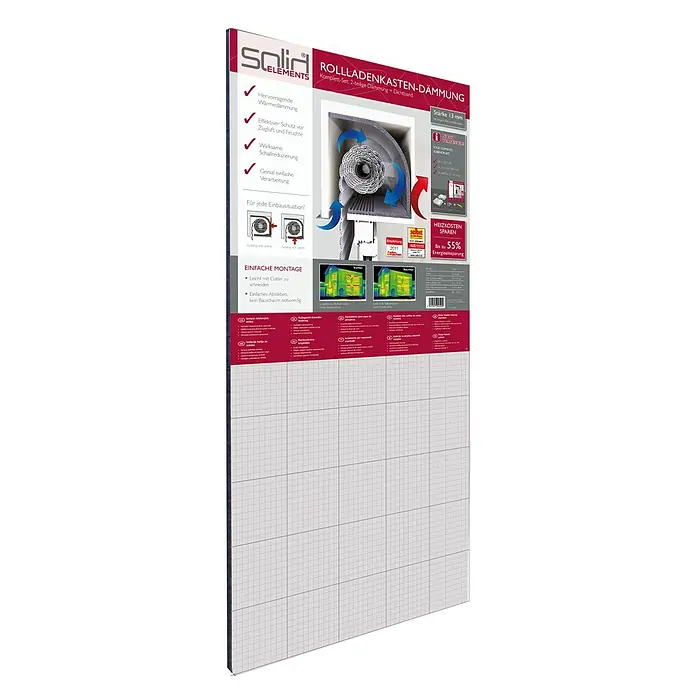 Solid Elements Rollladenkasten-Dämmmatte RKD 13 - 1.000 x 500 x 13 mm - Abbildung des Solid Elements Rollladenkastens-Dämmung Komplett-Sets. 2-teilige Dämmung mit Dichtband für effektive Wärme- und Schalldämmung.