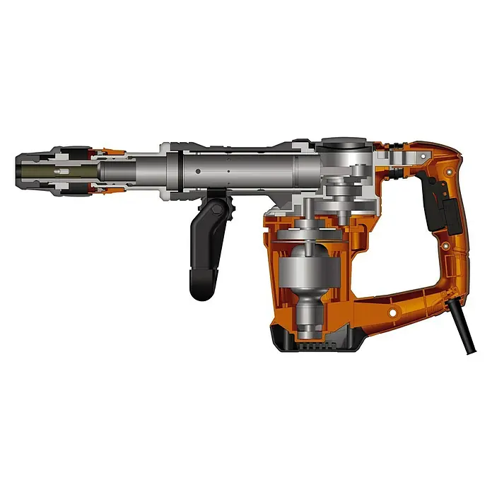 Toolson Abbruchhammer PRO-HM 27 MAX - 1.500 W, 32 J, SDS-Max-Aufnahme - Querschnitt eines orangefarbenen Abbruchhammers mit Details zu internen Mechanismen und Komponenten.