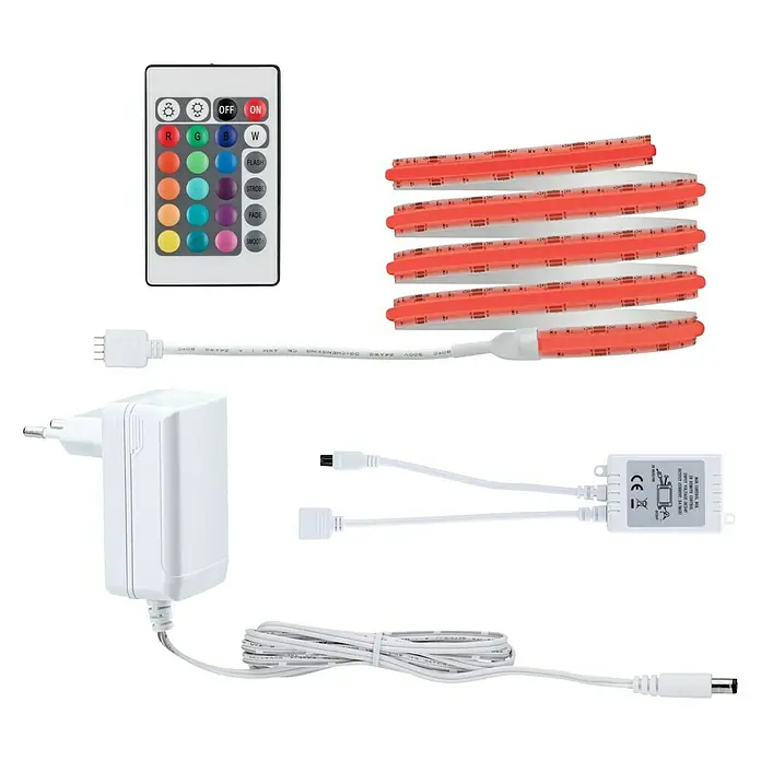 Paulmann LED-Band - Länge: 150 cm, Lichtfarbe: RGB, 14,5 W, 230 V - Das Bild zeigt ein LED-Lichtstreifen-Set mit Fernbedienung, Netzteil und Steuerungseinheit, alles für eine einfache Installation.
