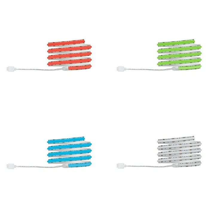 Paulmann LED-Band - Länge: 150 cm, Lichtfarbe: RGB, 14,5 W, 230 V - Das Bild zeigt eine LED-Lichterkette in vier verschiedenen Farben: rot, grün, blau und weiß. Jede Lichterkette ist aufgerollt und mit einem USB-Anschluss versehen.