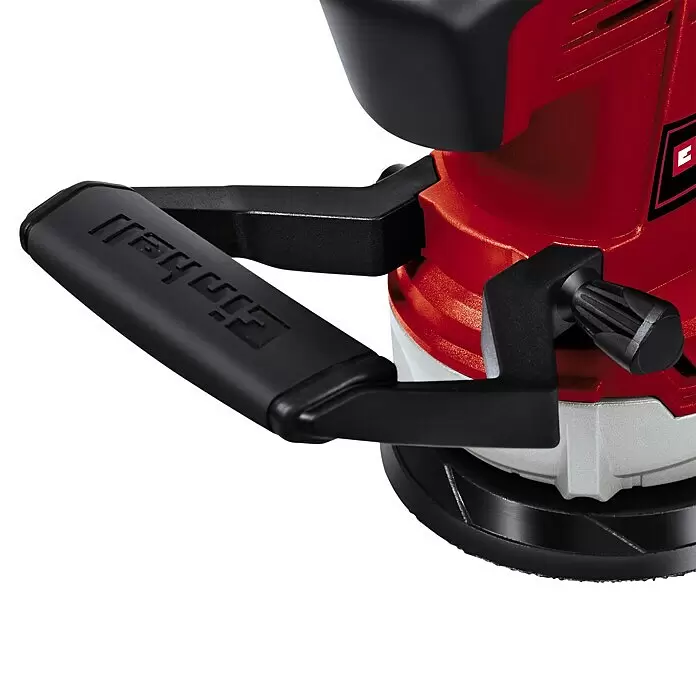 Einhell Expert Elektro-Exzenterschleifer TE-RS 40 - 400 W, Durchmesser Schleifteller: 125 mm - Rotes und schwarzes Einhell Exzenterschleifer/Polierer mit schwarzem Frontgriff und Einstellknopf.