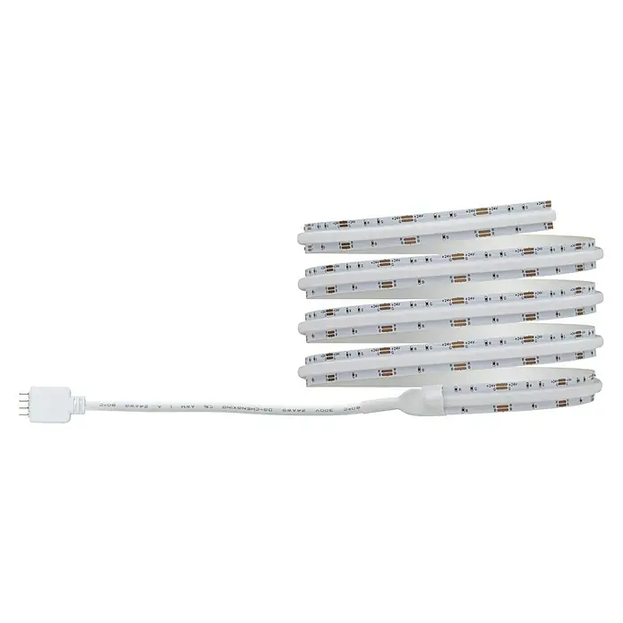 Paulmann LED-Band - Länge: 150 cm, Lichtfarbe: RGB, 14,5 W, 230 V - Nahaufnahme eines LED-Streifens, der aufgerollt und mit einem weißen Kabel verbunden ist, vor einem schwarzen Hintergrund.