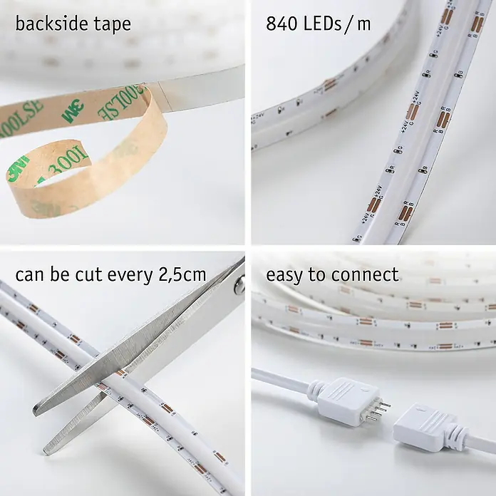 Paulmann LED-Band - Länge: 300 cm, Lichtfarbe: RGB, 30 W, 230 V - Nahaufnahme eines LED-Streifens mit Klebeband, Schnittmarkierungen und Verbindungsstück.