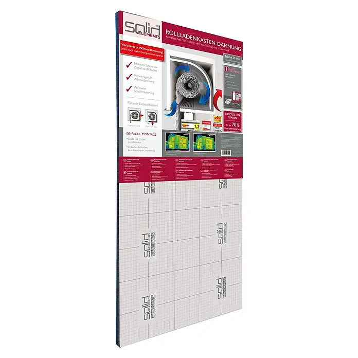 Solid Elements Rollladenkasten-Dämmmatte RKD 25 - 1.000 x 500 x 25 mm - Produktverpackung für Rollladenkastendämmung von Solid Elements Bauhaus. Komplett-Set mit Dämmplatte, zur Reduzierung der Heizkosten um bis zu 70%.
