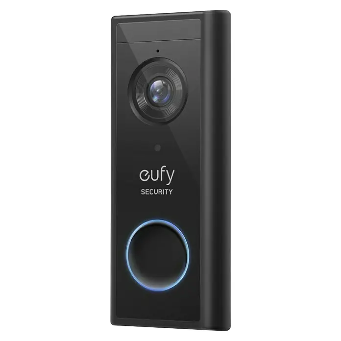 Eufy Türklingel mit Kamera 2K Zusatzklingel T8210Schwarz, L x B x H: 181 x 109 x 77 mm - Nahaufnahme einer schwarzen Eufy-Sicherheits-Türklingel mit einer Kamera und einem blauen Lichtring.