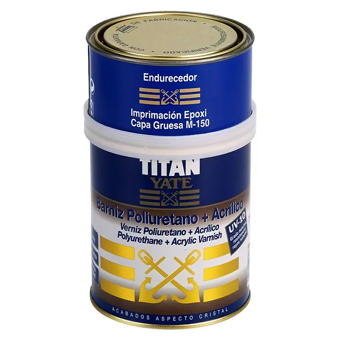 Titan Barniz transparente para yates - 750 ml, Transparente - Barniz Titan Yate: Barniz de poliuretano + acrílico con protección UV-10, ideal para acabados de alta calidad.