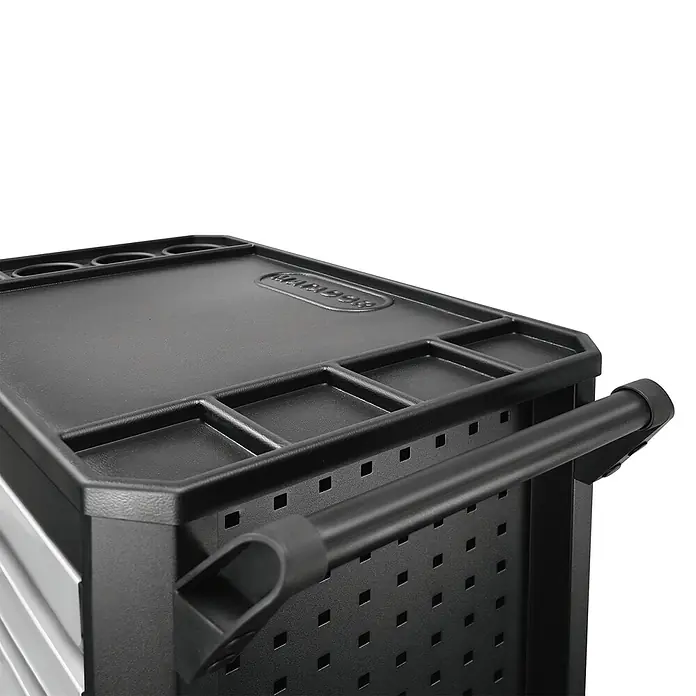 Matador Werkstattwagen Ratio - L x B x H: 470 x 785 x 1.030 mm, Anzahl Schubladen: 7 Stk., Ohne Werkzeug - Detailaufnahme eines schwarzen Werkzeugwagens mit Ablagefächern und Griff, ideal für Werkstatt und Garage.