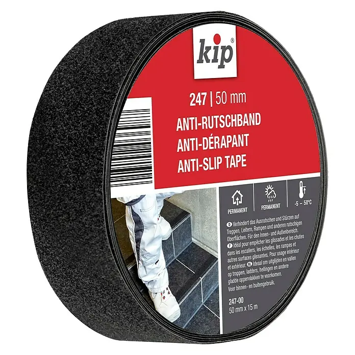 Kip Antirutschband - 15 m x 50 mm, Schwarz - Bild einer Rolle Kip Anti-Rutschband 247 | 50 mm, ideal zur Vermeidung von Ausrutschern auf Treppen und anderen glatten Oberflächen.