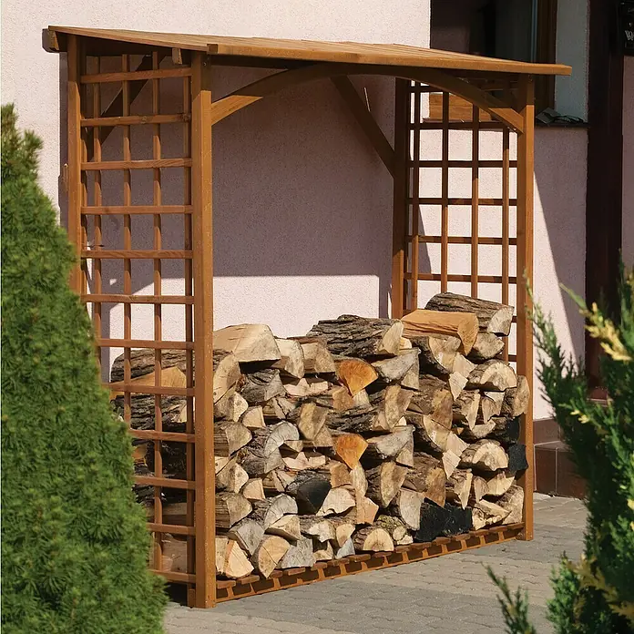 Kaminholzregal Spessart - 190 x 80 x 190 cm, Holz, Braun - Holzregal aus Holz mit viel Holzscheiten für den Kamin oder Ofen, ordentlich gestapelt und praktisch.