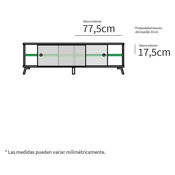 Muebles Pitarch Kamet Mueble para TV - L x An x Al: 40 x 160 x 52 cm, Roble gold - Ilustración de un mueble de TV con dimensiones interiores de 77,5 cm (ancho) y 17,5 cm (alto). La profundidad del mueble es de 33 cm.
