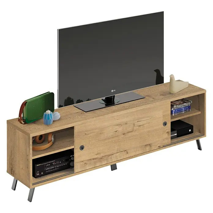 Muebles Pitarch Kamet Mueble para TV - L x An x Al: 40 x 160 x 52 cm, Roble gold - Elegante mueble de TV con acabado de madera, con puertas correderas y compartimentos abiertos para multimedia y decoración.