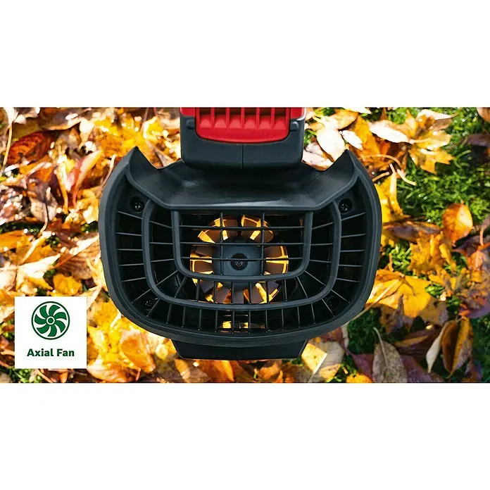 Bosch Power for All 36V Akku-Laubbläser AdvancedLeafblower 36V-750 - 36 V, Li-Ionen, Ohne Akku, Blasgeschwindigkeit: 100 km/h - Nahaufnahme eines Laubbläsers mit Axiallüfter, umgeben von herbstlichen Blättern, der die effiziente Funktion des Geräts hervorhebt.