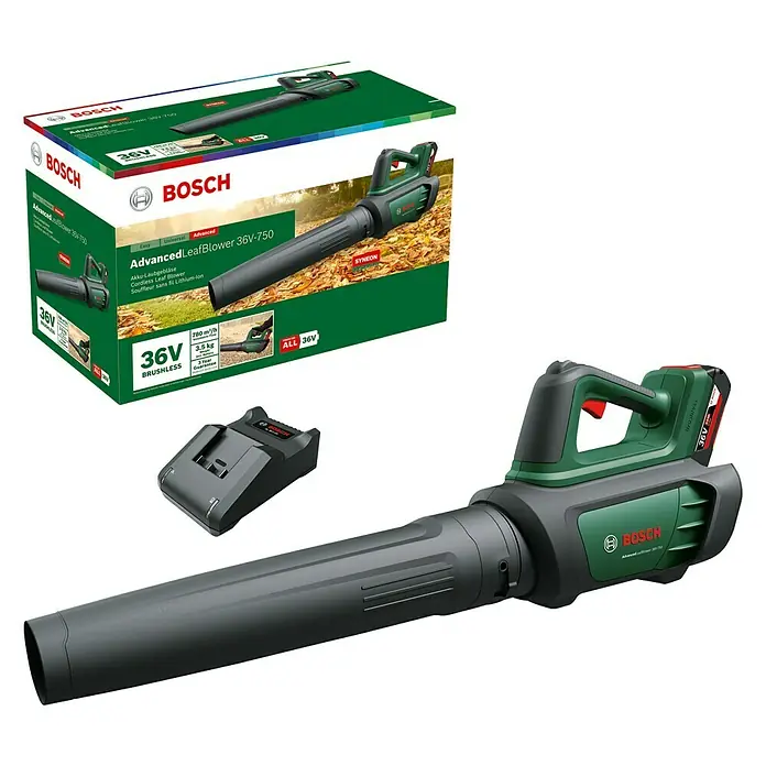 Bosch Power for All 36V Akku-Laubbläser AdvancedLeafblower 36V-750 - 36 V, Li-Ionen, 1 Akku, Blasgeschwindigkeit: 100 km/h - Abbildung des Bosch AdvancedLeafblower 36V-750 Akku-Laubbläsers mit Akku und Ladegerät, ideal für die Gartenarbeit.