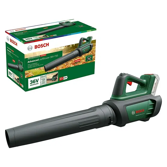 Bosch Power for All 36V Akku-Laubbläser AdvancedLeafblower 36V-750 - 36 V, Li-Ionen, Ohne Akku, Blasgeschwindigkeit: 100 km/h - Abbildung des Bosch AdvancedLeafBlower 36V-750 Akku-Laubbläsers mit Kartonverpackung. Leistungsstark, kabellos und vielseitig.