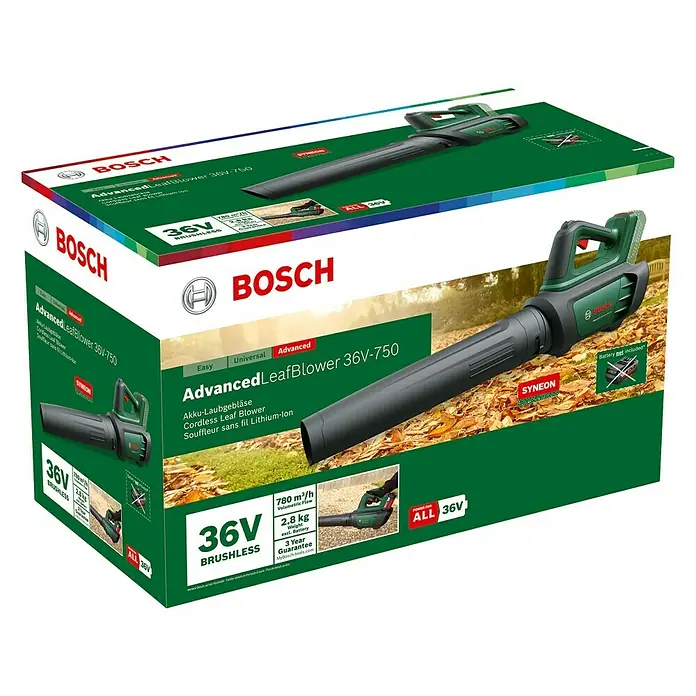 Bosch Power for All 36V Akku-Laubbläser AdvancedLeafblower 36V-750 - 36 V, Li-Ionen, Ohne Akku, Blasgeschwindigkeit: 100 km/h - Bild des Bosch AdvancedLeafBlower 36V-750, einem Akku-Laubbläser mit SYNEON-Chip, 36V Brushless-Motor und 3 Jahren Garantie.