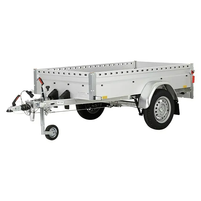 Stema Anhänger BH-R 850 - Nutzlast: 685 kg, Einachser, Kasteninnenmaß: 201 x 108 x 33 cm, Gebremst - Ein silberfarbener Anhänger mit einer Ladefläche, der für den Transport von Gütern konzipiert ist.