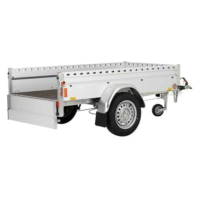 Stema Anhänger BH-R 850 - Nutzlast: 685 kg, Einachser, Kasteninnenmaß: 201 x 108 x 33 cm, Gebremst - Einachsiger Stema Anhänger mit silberner Karosserie und heruntergeklappter Rückwand für einfachen Zugang. Ideal für Lastentransporte.