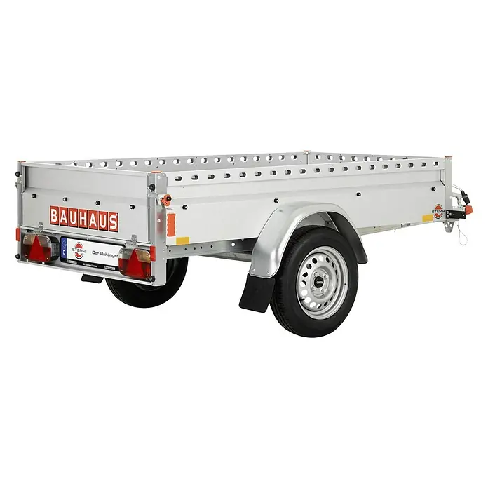 Stema Anhänger BH-R 750 - Nutzlast: 630 kg, Einachser, Kasteninnenmaß: 201 x 108 x 33 cm, Ungebremst - Ein detailliertes Bild eines Stema Bauhaus Anhängers, ideal für den Transport. Er ist robust und zuverlässig.