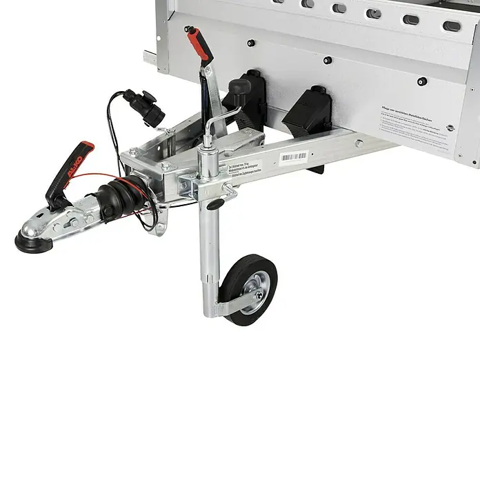 Stema Anhänger BH-R 850 - Nutzlast: 685 kg, Einachser, Kasteninnenmaß: 201 x 108 x 33 cm, Gebremst - Detailaufnahme einer Anhängerkupplung mit Auflaufeinrichtung und Stützrad für einen sicheren Stand.