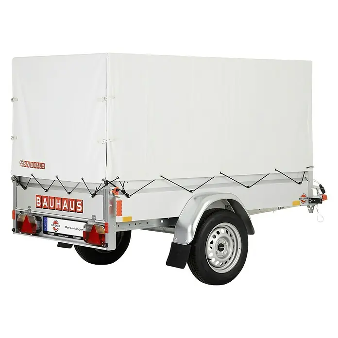 Stema Anhänger BH-R 750 Hochplane - Nutzlast: 608 kg, Einachser, Ungebremst - Abbildung eines weißen Bauhaus Anhängers mit Plane, ideal für Transport und Logistik. Robuste Bauweise für vielfältige Einsatzzwecke.