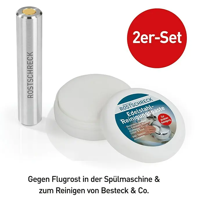 Rokkita Edelstahl-Reiniger Rostschreck - Schutz gegen: Rost, 2 -tlg. - Rostschreck 2er-Set: Edelstahlreinigungspaste und Edelstahlstift gegen Flugrost für Besteck und mehr.