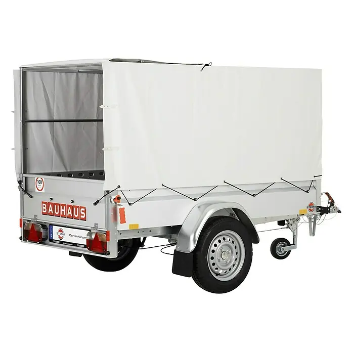 Stema Anhänger BH-R 850 Hochplane - Nutzlast: 685 kg, Einachser, Kasteninnenmaß: 201 x 108 x 33 cm, Gebremst - Ein weißer Bauhaus-Anhänger mit Plane, ideal für den Transport von Gütern. Das robuste Design verspricht Langlebigkeit und Zuverlässigkeit.