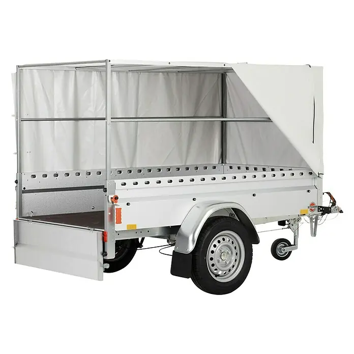 Stema Anhänger BH-R 850 Hochplane - Nutzlast: 685 kg, Einachser, Kasteninnenmaß: 201 x 108 x 33 cm, Gebremst - Bild eines Stema Anhängers mit Plane und Spriegel, ideal für sicheren Transport. Die robuste Konstruktion und das durchdachte Design machen ihn vielseitig einsetzbar.