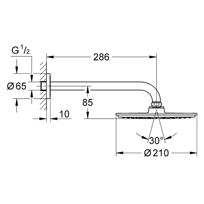 Grohe Rainshower Cosmopolitan 210 Kopfbrausen-SetDurchmesser: 21 cm, 9,5 l/min, Wandmontage, Chrom - Technische Zeichnung eines Kopfbrause-Sets mit Maßangaben, einschließlich Durchmesser und Winkel.