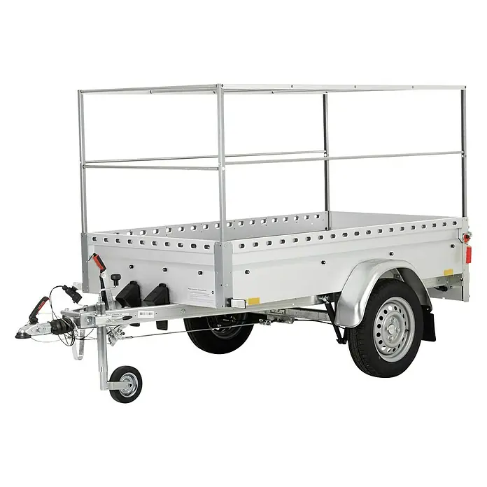 Stema Anhänger BH-R 850 Hochplane - Nutzlast: 685 kg, Einachser, Kasteninnenmaß: 201 x 108 x 33 cm, Gebremst - Grauer Anhänger mit Gitteraufsatz, ideal für den Transport von sperrigen Gütern oder zur Erhöhung des Ladevolumens.