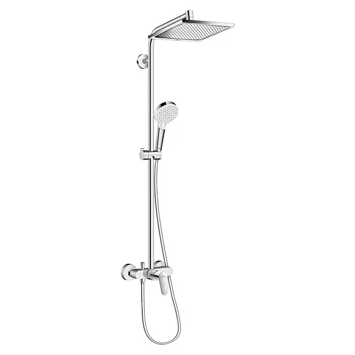 Hansgrohe Crometta Sistema de ducha Crometta E Showerpipe 240 - Cromo - Imagen de un moderno sistema de ducha cromado con rociador superior y ducha de mano.