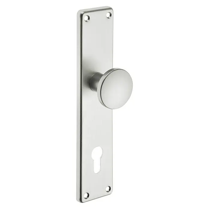 Portaferm Knopflangschild HT - Vierkantstift: 10 mm, Distanznorm: 92 mm, Aluminium - Ein silberner Türknauf mit einer rechteckigen Platte und einem Schlüsselloch. Das moderne Design passt gut zu zeitgemäßen Inneneinrichtungen.