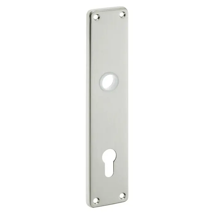 Portaferm Langschild HT - Vierkantstift: 10 mm, Distanznorm: 92 mm, Aluminium - Ein hochglanzpolierter, länglicher Türbeschlag aus Metall mit Schlüsselloch und Befestigungslöchern für eine elegante Optik.