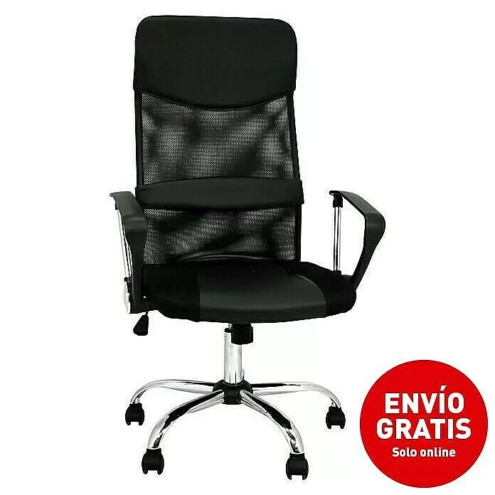 Silla de oficina Dafne - Negro, Reposacabezas - Silla de oficina ergonómica negra con respaldo de malla, asiento acolchado y base cromada con ruedas.