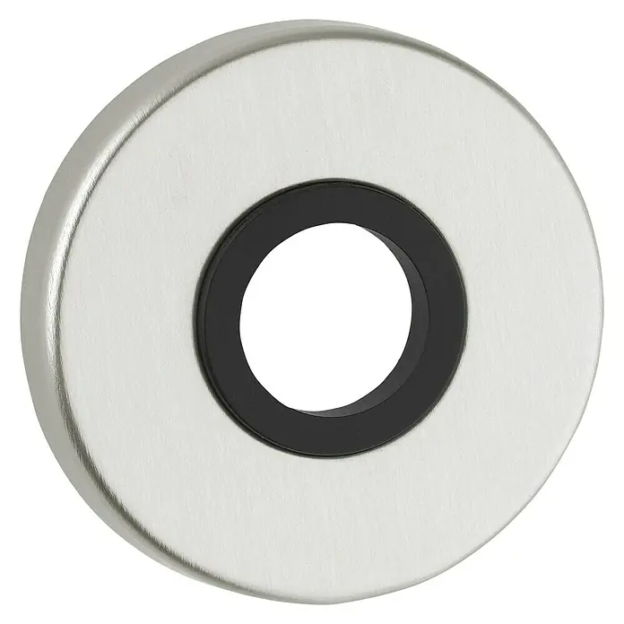 Portaferm Drückerrosette - Durchmesser Rosette: 55 mm, Neusilber - Nahaufnahme einer silbernen Rosette mit einer schwarzen Gummidichtung in der Mitte. Ideal für Badarmaturen und Sanitäranlagen.