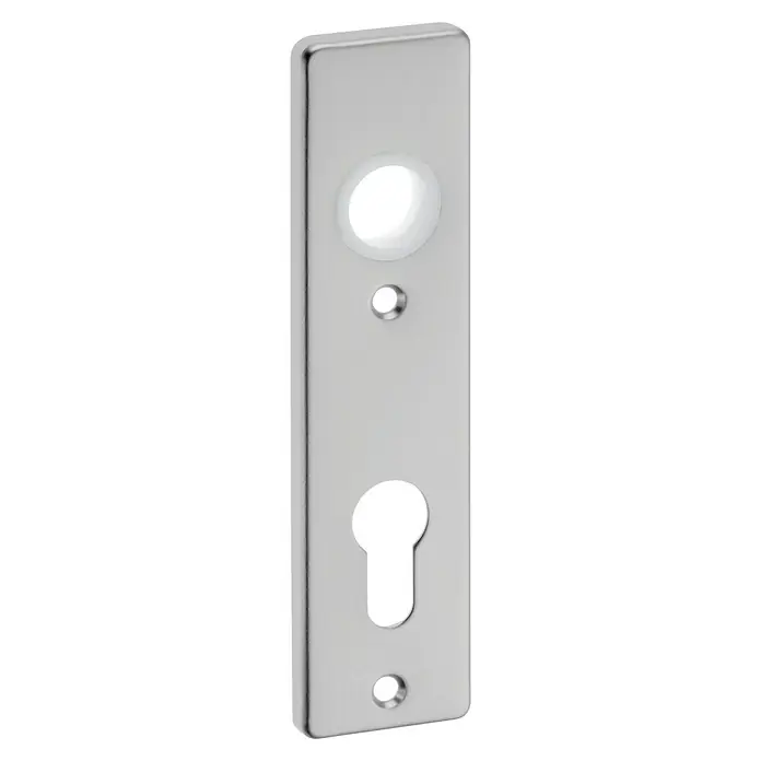 Portaferm Kurzschild - Distanznorm: 72 mm, Profilzylinder, Silber, Eckig - Silberne Türschild-Garnitur mit Schlüsselloch und Bohrungen für eine elegante und funktionale Türgestaltung.