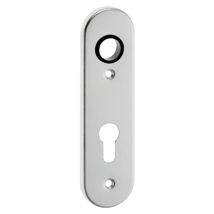 Portaferm Kurzschild - Distanznorm: 72 mm, Profilzylinder, Silber, Oval - Türbeschlag aus glänzendem Edelstahl mit Schlüsselloch und runden Öffnungen zur Befestigung. Passend für Innentüren.