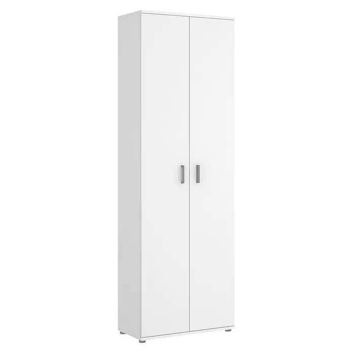 Dekit Armario multiusos de madera Fit - L x An x Al: 35 x 61 x 190 cm, Número de baldas: 4 ud., Blanco - Aquí hay un armario blanco de dos puertas con asas. Mueble práctico y moderno para mayor espacio de almacenamiento.