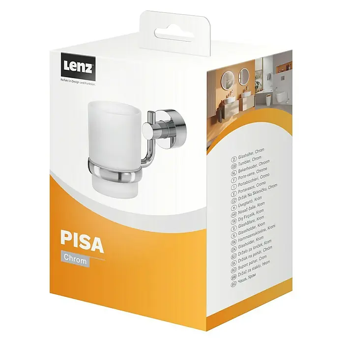 Lenz Pisa Zahnputzbecher - Mit Halterung, Chrom, Glänzend, L x B x H: 95 x 69 x 114 mm - Bild eines Lenz Pisa Chrom-Zahnputzbecherhalters, der an einer Wand befestigt ist, mit einem satinierten Glasbecher und Chromdetails.