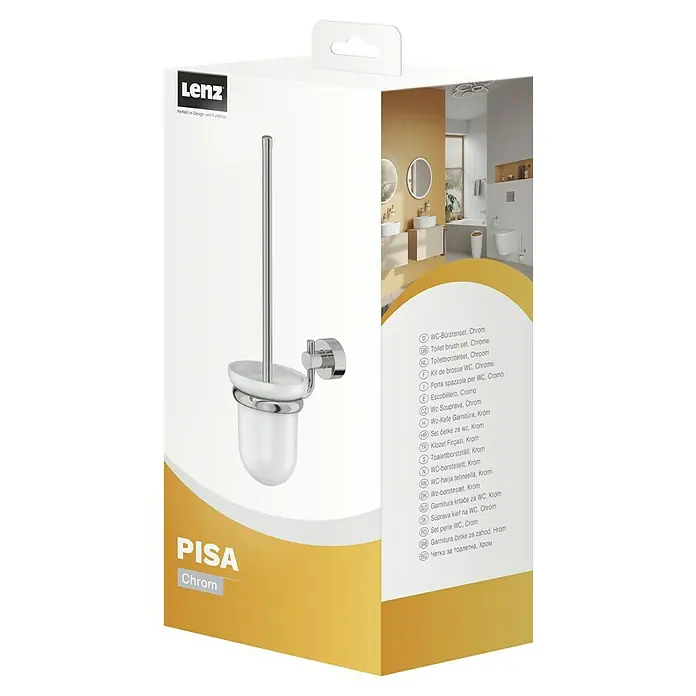Lenz Pisa WC-Bürstengarnitur - Silber, Glänzend - Produktverpackung für ein WC-Bürstenset in Chrom. Elegantes Design für jedes Badezimmer, das Funktionalität und Stil vereint.