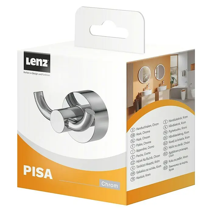 Lenz Pisa Handtuchhaken - 2-armig, Montageart: Schrauben, Verchromt - Verpackung der Lenz Pisa Doppel-Handtuchhaken aus Chrom, perfekt für Bad und Küche. Stilvolles Design für jedes Zuhause.