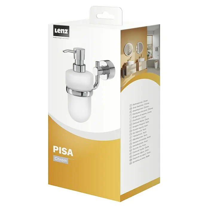 Lenz Pisa Seifenspender - Mit Halterung, Chrom, Glänzend, L x B x H: 180 x 70 x 160 mm - Abbildung eines Lenz Pisa Seifenspenders in Chrom. Der Seifenspender besticht durch sein modernes Design und seine hochwertige Verarbeitung.