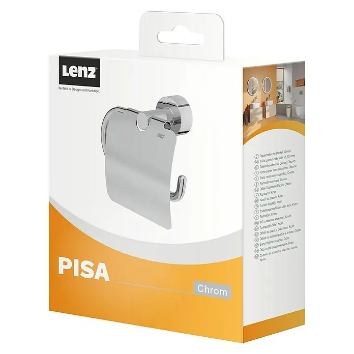 Lenz Pisa Toilettenpapierhalter - Mit Deckel, Chrom - Verpackung eines Lenz Pisa Toilettenpapierhalters mit Deckel, Chrom-Ausführung.