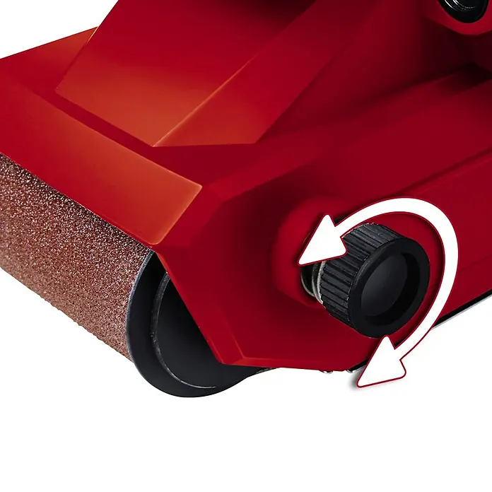 Einhell Elektro-Bandschleifmaschine TC-BS 8038 - 800 W - Nahaufnahme eines roten Bandschleifers mit Drehknopf und Schleifband.