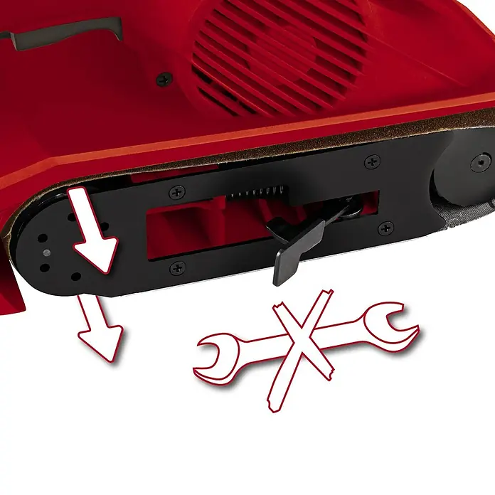 Einhell Elektro-Bandschleifmaschine TC-BS 8038 - 800 W - Detailaufnahme eines Bandschleifers, der die einfache Bandentfernung ohne Werkzeug demonstriert.\n