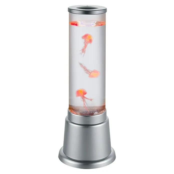 Reality Leuchten LED-Tischleuchte Tischleuchte - Höhe: 36 cm - Dieses Bild zeigt eine Quallenlampe mit drei bunten Quallen, die in einem durchsichtigen Zylinder schwimmen. Die Lampe hat einen silberfarbenen Sockel.