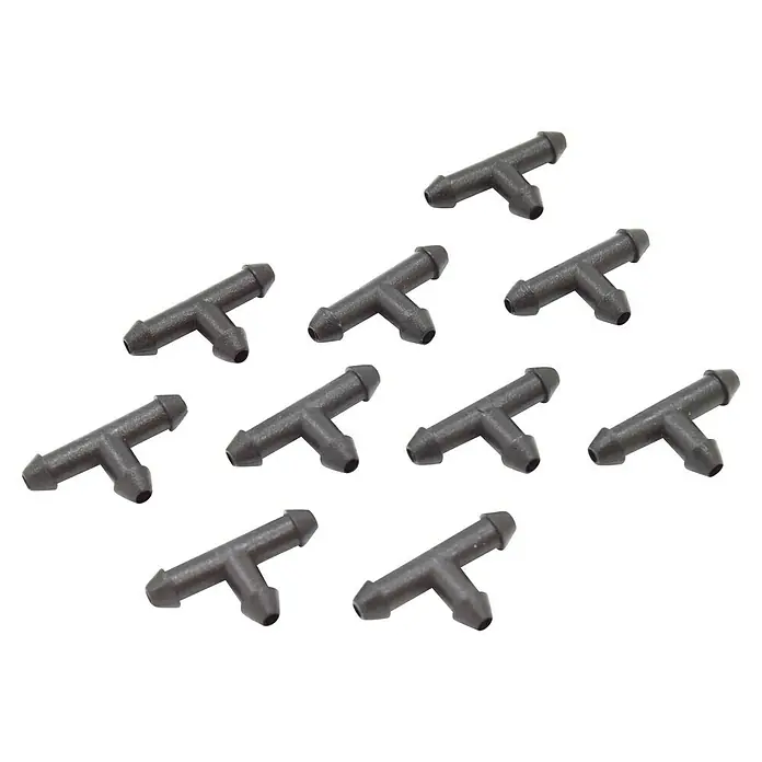 Pieza T microgoteo - 4 mm, 10 ud. - Primer plano de una colección de conectores de manguera en forma de T negros, adecuados para diversas aplicaciones de plomería.