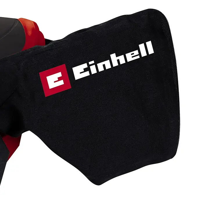 Einhell Elektro-Bandschleifmaschine TC-BS 8038 - 800 W - Nahaufnahme des Einhell Logos auf einem schwarzen Staubfangsack einer Elektrowerkzeugmaschine.