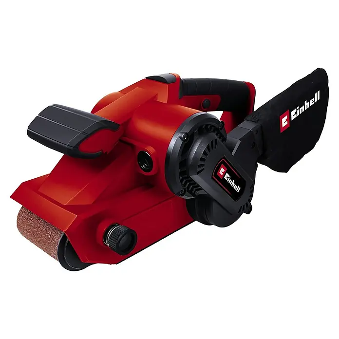 Einhell Elektro-Bandschleifmaschine TC-BS 8038 - 800 W - Ein roter Einhell Bandschleifer mit Staubbeutel zur Holzbearbeitung. Das Elektrowerkzeug für Heimwerker zum Schleifen und Glätten von Oberflächen.