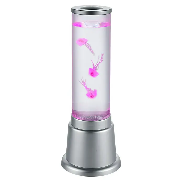 Reality Leuchten LED-Tischleuchte Tischleuchte - Höhe: 36 cm - Nahaufnahme einer Jellyfish-Lampe mit rosa Quallen, die in klarem Wasser schweben, auf einem silbernen Sockel.