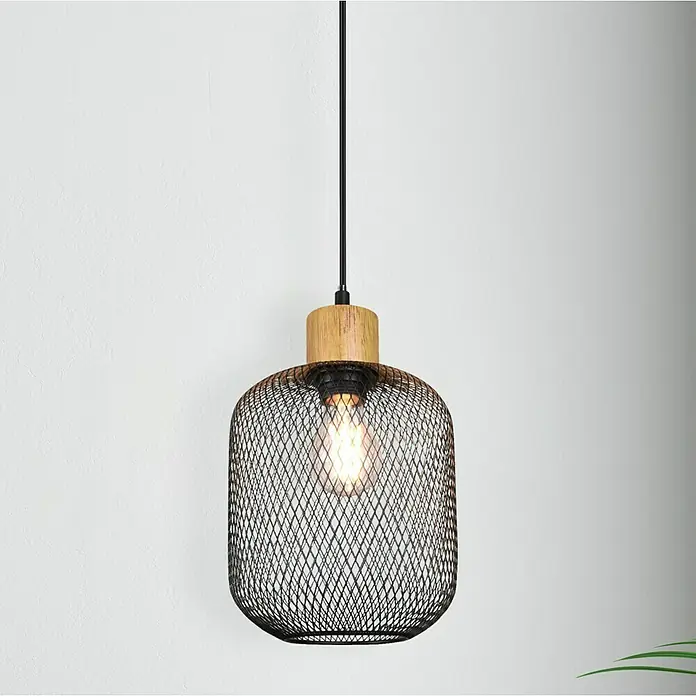 Reality Leuchten Pendelleuchte rund CALIMERO - 40 W, Ø x H: 18 x 150 cm, Schwarz, E27 - Elegante Hängelampe mit schwarzem Drahtgeflecht und Holzdetails. Die Lampe sorgt für stimmungsvolle Beleuchtung in jedem Raum.